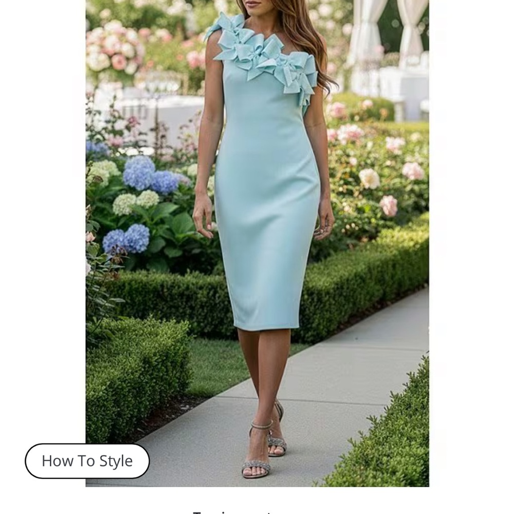 Badgley Mischka One-Shoulder Ruffle Cocktail Dress in Pale Blue - Worn Once - Picture 2 of 5
